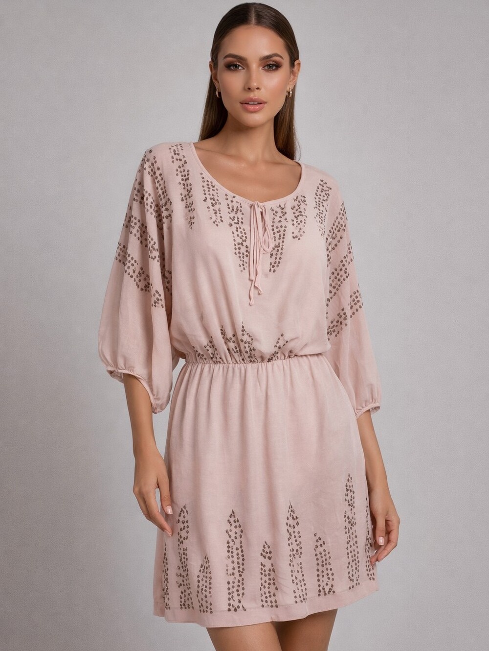 Pink Patterned DressBlush Boho Dot Print Cinched Waist Dress – Effortless Chic S